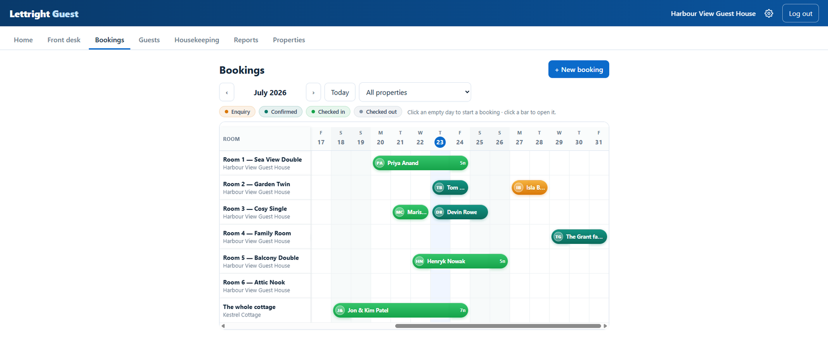 The bookings calendar: rooms down the side, days across, stays as coloured bars