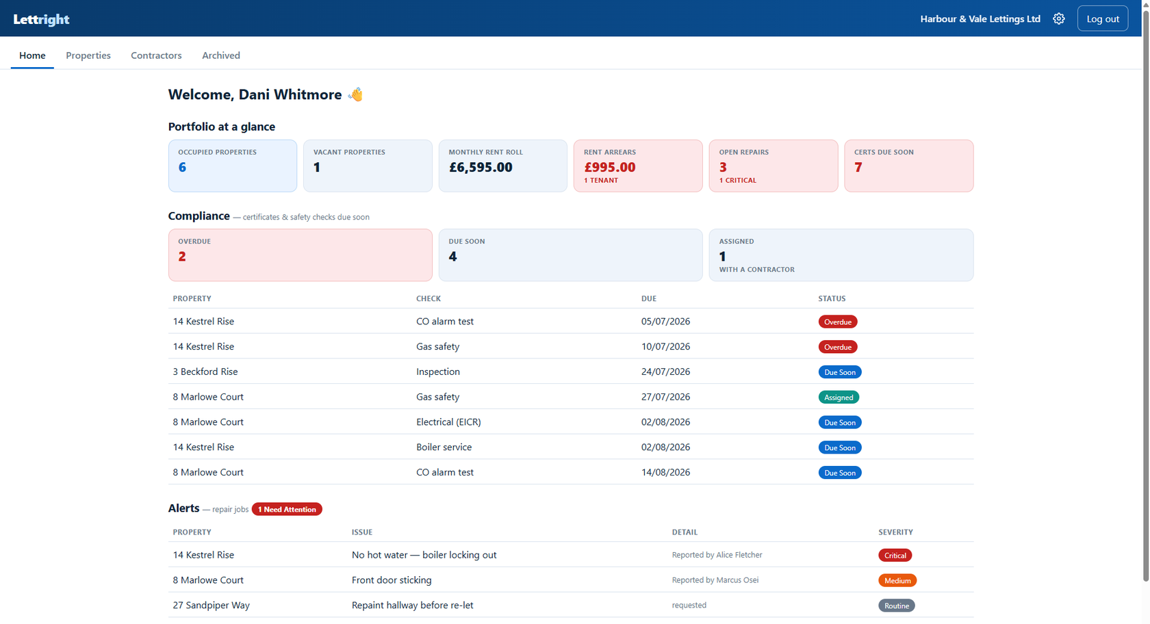 The Lettright dashboard: portfolio at a glance, compliance and repair alerts