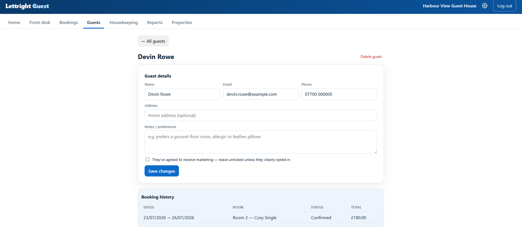 A guest record with preferences, consent and booking history