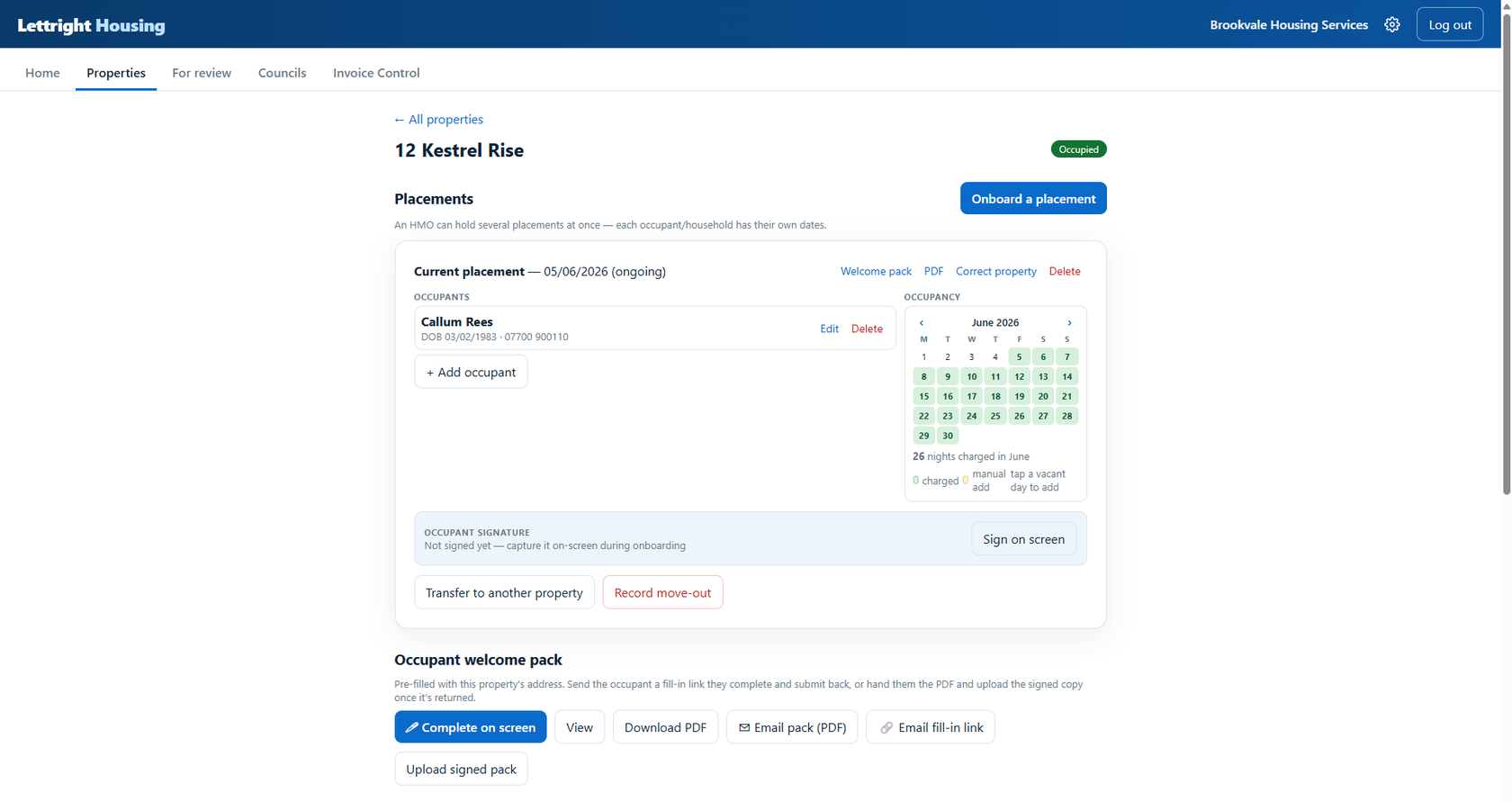 A placement with its occupancy calendar and welcome-pack actions