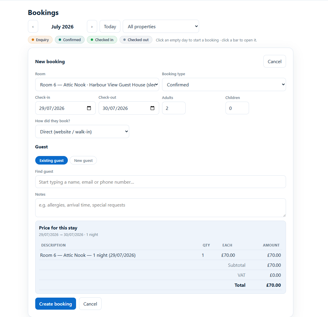 Creating a booking with a live itemised price for the stay